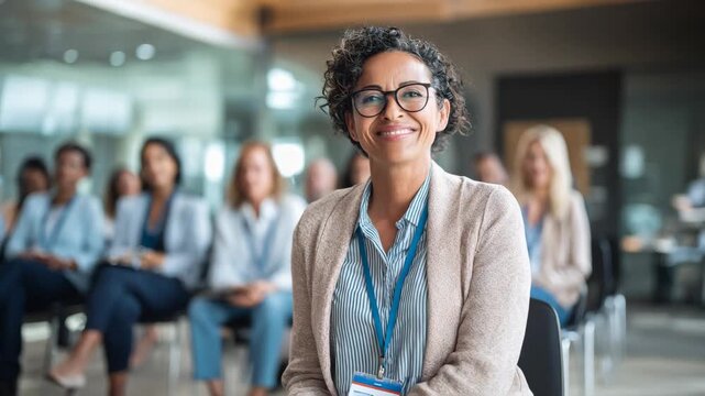 Smiling HR professional conducting bias training session with diverse team in modern office promoting fair hiring practices and inclusive workplace culture.
