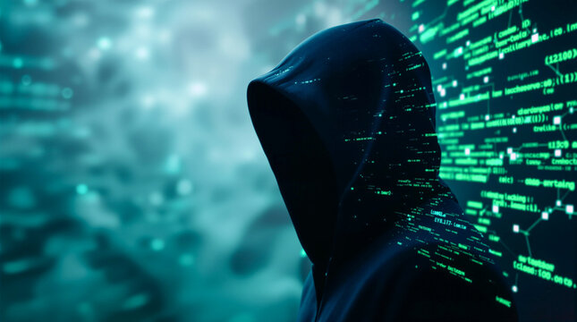 Hacker im Hoodie vor gr&uuml;nem Code &ndash; Cybersicherheit, Cyberangriff und Datenleck Konzept