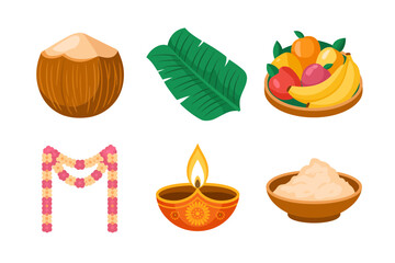 Flat vector icon set for Hindu ritual offerings, featuring coconut, fruit, Diya lamp, garland, and sacred food bowl.