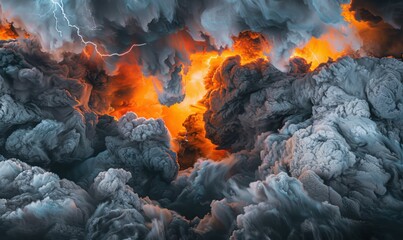 Dramatic thunderstorm clouds with orange light and lightning bolt weather