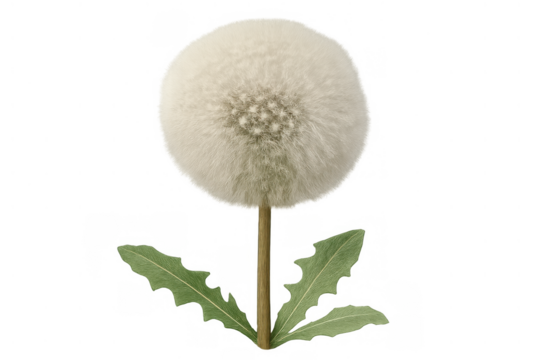 Dandelion seed head standing upright, fluffy pappus releasing seeds, transparent background, wishing season