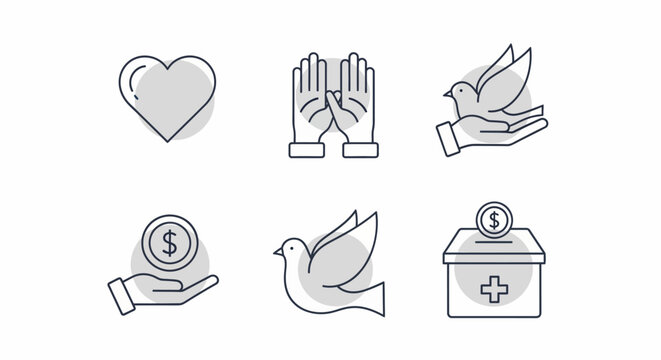Set of icons representing charity and donation concepts.