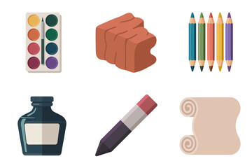Outline vector icons for art supplies, showing watercolor palette, clay, colored pencils, ink bottle, and rolled up note.