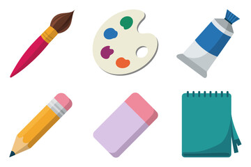 Flat vector icon set for art and school supplies, featuring brush, palette, paint tube, pencil, eraser, and small notebook.