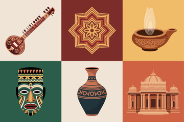 Flat vector icon set for Indian culture and tradition, featuring musical instrument, mask, sacred lamp, temple, and ornate vase.
