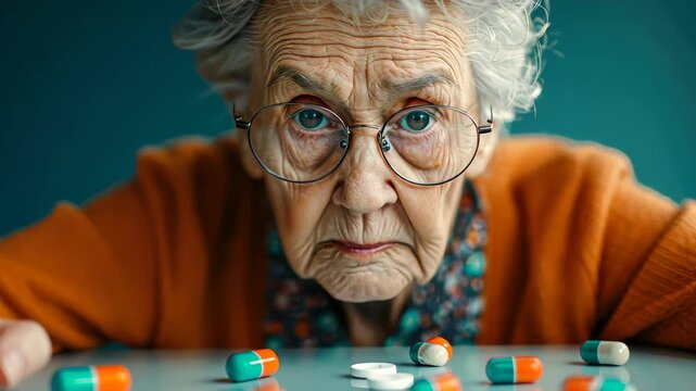 Aging and Medication: An elderly person with spectacles, closely examining prescription pills laid out on a table, which signifies healthcare, medication management and aging.
