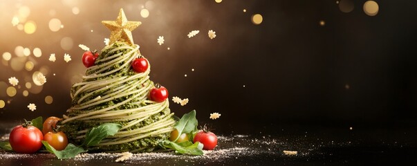 Creative pasta christmas tree with green pesto, cherry tomatoes, and star decoration, creating a festive holiday food concept