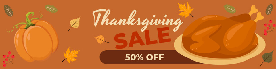 Thanksgiving Sale Banner &ndash; Autumn Leaves, Pumpkin, Roasted Turkey and Festive Elements in Warm Vector Style for Seasonal Promotions and Holiday Advertising