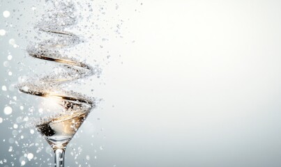Cocktail glass with golden drink and sparkling silver glitter forming a spiral, ideal for holiday party celebrations