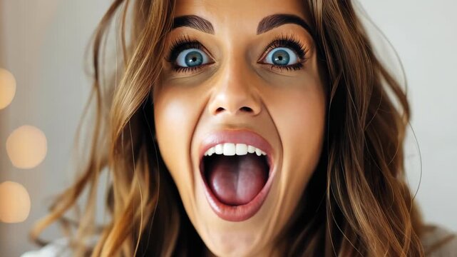 Startled Surprise: A close-up captures a woman's genuine expression of shock, with wide eyes and an open mouth. The image conveys the raw emotion of surprise