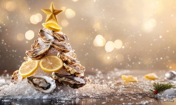 Oysters and lemon slices forming a christmas tree on crushed ice, topped with a golden star, celebrating the holidays