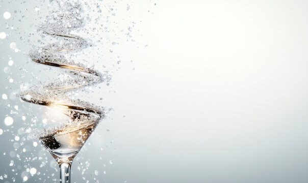 Cocktail glass with golden drink and sparkling silver glitter forming a spiral, ideal for holiday party celebrations - Powered by Adobe