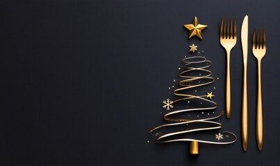 Golden cutlery and a ribbon christmas tree with ornaments on a dark background, symbolizing festive dining and holiday celebration
