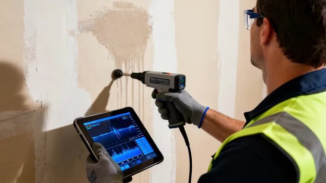 Closeup of a leak detection specialist analyzing sonic sensor data to pinpoint elusive residential water leaks behind drywall.