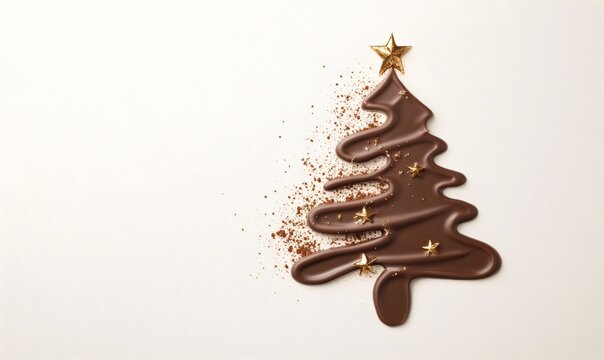 Chocolate christmas tree with gold stars and cocoa powder, representing festive holiday season sweets. Copy space