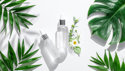 Two clear dropper bottles are elegantly placed on white surface, surrounded by lush green leaves and delicate white flowers, creating fresh and natural aesthetic