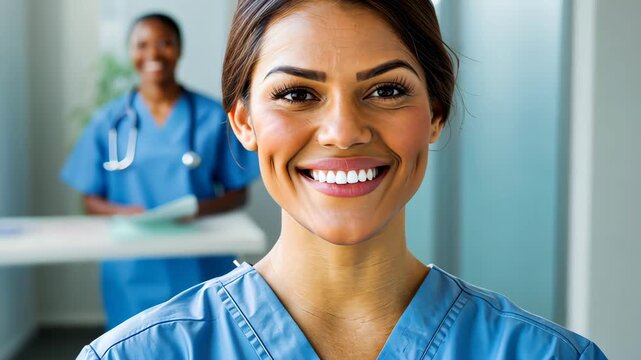 Kindred Spirits in Healthcare: Capturing the heartwarming essence of a skilled healthcare provider, radiating empathy and expertise, supported by the presence of a fellow medical professional. 