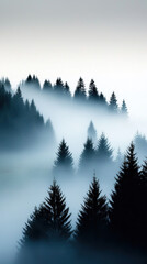 Fototapeta premium Christmas minimal landscape with pine tree forest covered in mist creating calm and peaceful winter atmosphere