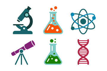 Colored outline vector icons for science and laboratory, showing microscope, flask, DNA helix, atom, and telescope symbols.