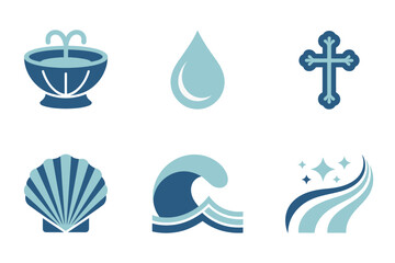 Outline vector icons for baptism and religion, illustrating water bowl, cross, seashell, water drop, and ocean wave symbols.