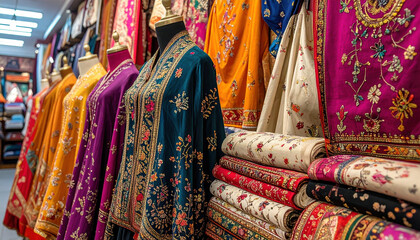 Fototapeta premium Vibrant traditional garments with intricate embroidery displayed on mannequins and folded on shelves in fabric store, showcasing rich cultural heritage and craftsmanship