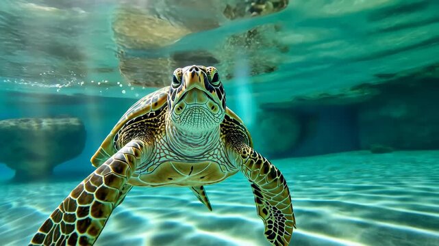 Underwater Gaze: A captivating sea turtle gracefully glides beneath the water's surface, its shell adorned with intricate patterns, its gaze direct and intriguing.