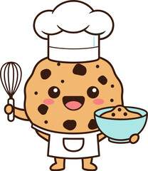 Cute Chef Cookie Mascot Holding Whisk and Baking Bowl