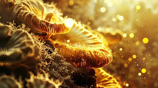 Golden Fantasy Mushrooms: A magical view of glowing, golden mushrooms. Their textured caps and intricate forms create an alluring world, enhanced by glittering bokeh, capturing the magic of nature.