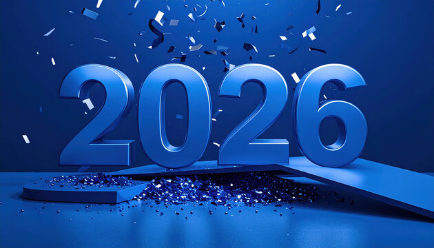 Blue 3D numbers displaying 2026 with confetti and sparkles create festive and celebratory atmosphere. vibrant blue background enhances joyful mood of image