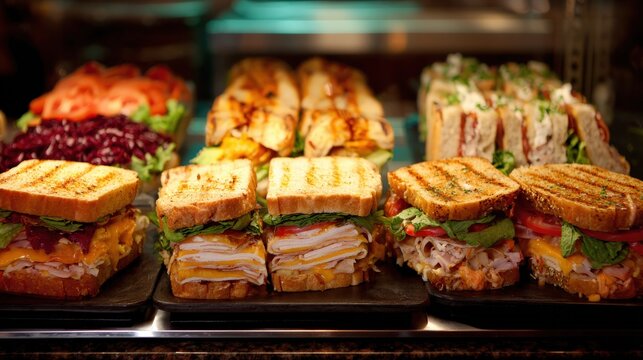 Display case showcases an assortment of freshly prepared grilled and stacked deli sandwiches.
