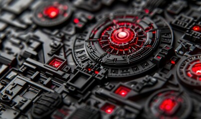 Fototapeta premium Futuristic mechanical structure with red light emitting diodes close up view
