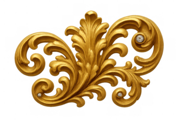 Golden baroque ornament with acanthus scroll motif, isolated decorative element for luxury design, transparent background