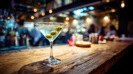 Classic chilled cocktail garnished with olives rests on a richly textured wooden bar surface in a dimly lit establishment.