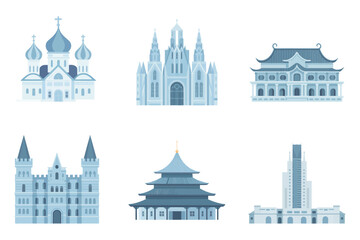 Obraz premium Stylized flat vector icons for world architecture, featuring Russian, Chinese, historical castle, temple, and cathedral buildings.