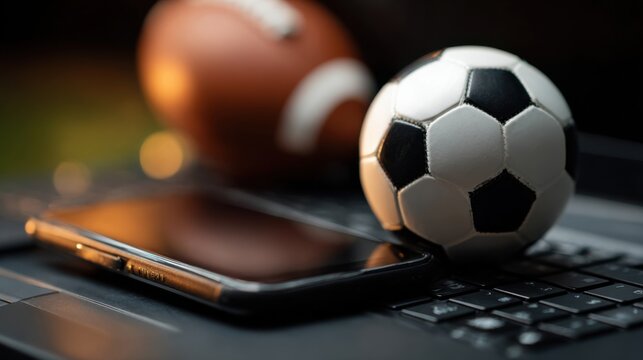 A smartphone rests on a laptop keyboard alongside a football and a soccer ball. This scene captures a blend of technology and sports gear highlighting modern sports culture. - Powered by Adobe