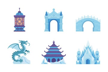 Colored outline vector icons for fantasy architecture, showing castle, bridge, dragon, and oriental pagoda buildings.