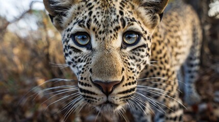 Obraz premium A leopard stands close to the camera in a natural setting highlighting its vivid eyes and detailed coat. This scene captures the beauty of wildlife during the evening light.