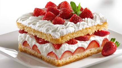 A beautifully crafted strawberry shortcake sits on a white plate featuring layers of fluffy sponge cake whipped cream and fresh strawberries. The vibrant colors entice any dessert lover.