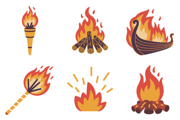 Outline vector icons for viking celebration, illustrating torch, campfire, longship, axe, and fire burst symbols.