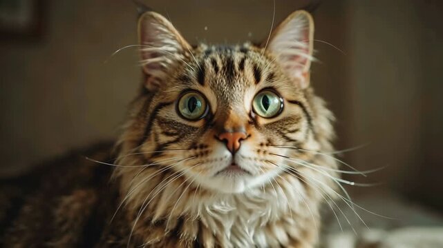 Tabby Cat Portrait Cute Green Eyes, Fluffy Pet, Close-up
