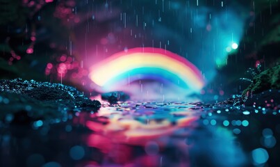 Magical rainbow glow and raindrops reflection in a fantasy forest scene