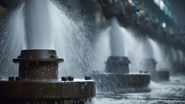 Medium shot focusing on flood water jets covering large mill components showcasing robust cooling techniques to prevent overheating during heavy production.