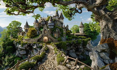 Majestic fairytale castle nestled among lush greenery on rocky peak