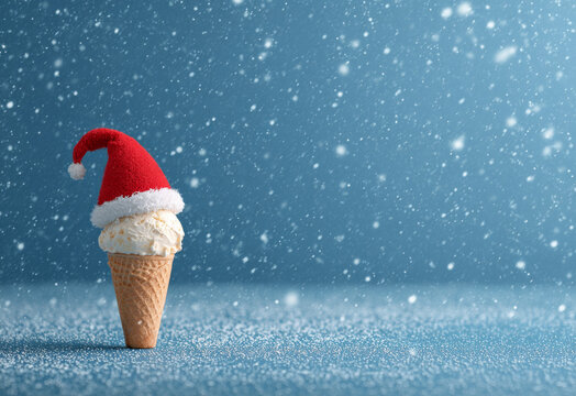 Delightful ice cream cone wearing festive red Santa hat, set against snowy blue background, evokes cheerful holiday spirit