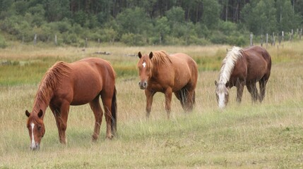 Fototapeta premium Three horses wander through a lush green field calmly grazing on grass under the warm midday sun with a serene forest in the background.