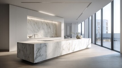 A sleek kitchen showcases a large marble island with a minimalist design. Sunlight streams through expansive windows enhancing the modern aesthetic of the open space.