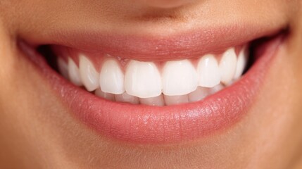 Obraz premium A close-up captures a joyful smile displaying bright white teeth and smooth lips. The vibrant expression reflects happiness and confidence highlighting excellent oral health.