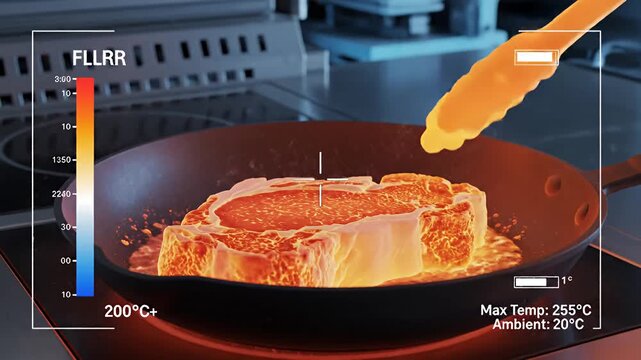Thermal Imaging of Steak Cooking in a Pan with Tongs, Showing Heat Distribution and Temperature Readings.