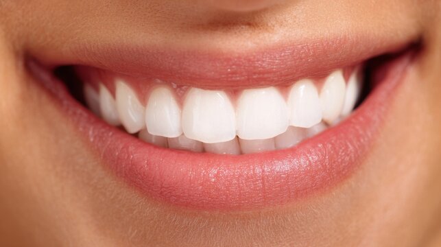 A close-up captures a joyful smile displaying bright white teeth and smooth lips. The vibrant expression reflects happiness and confidence highlighting excellent oral health.