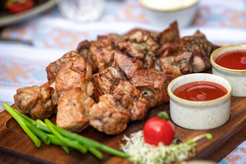 Grilled barbecue meat skewer dish